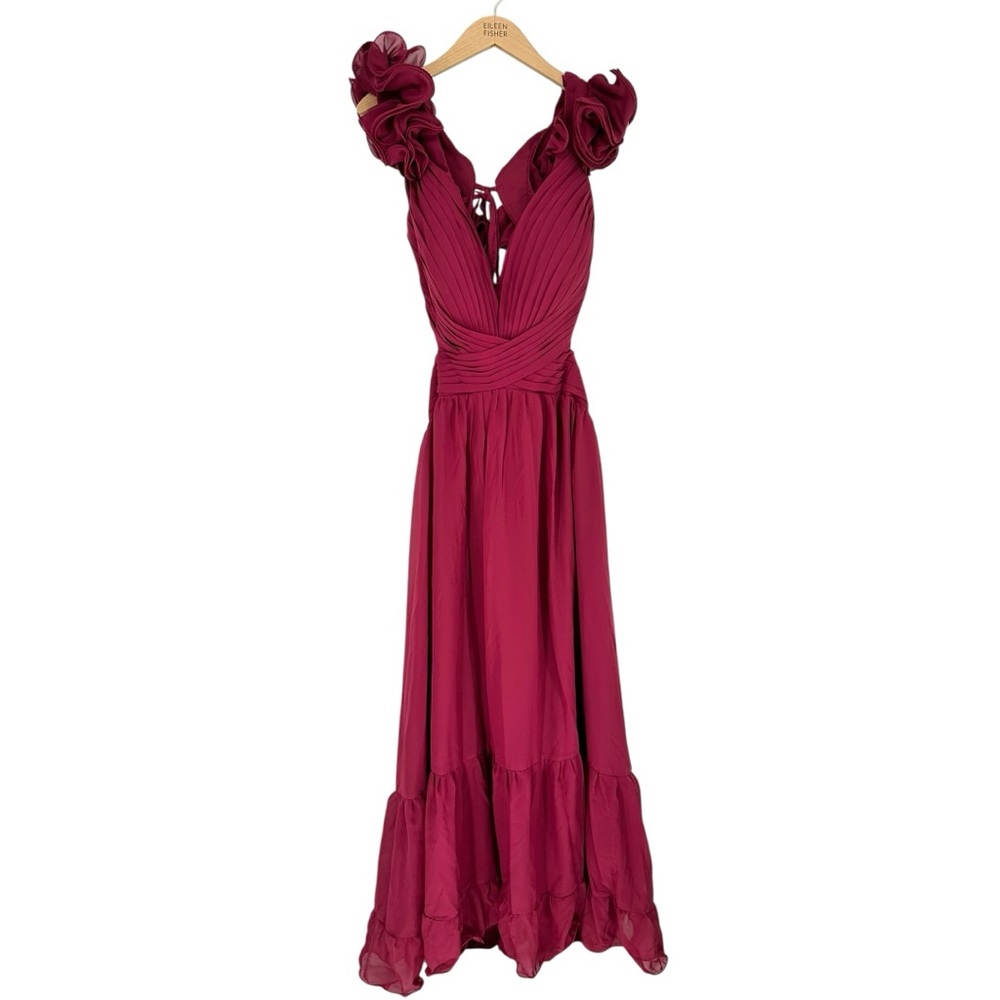 Wine Ruffle Sleeve Open Low Back Tiered Gown size 18W Pleated Bodice Tiered Hem
